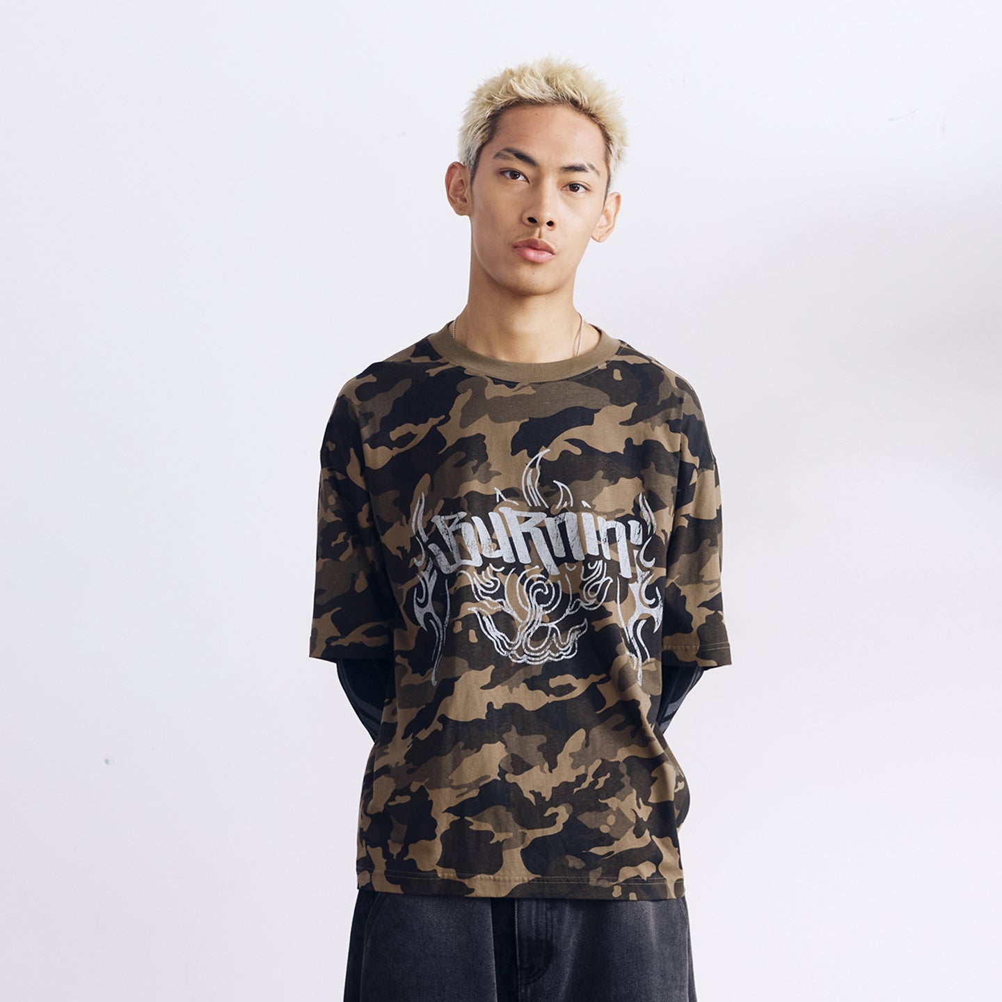 BURNIN* “97’series” worn fire pattern fake two-piece T-shirt - PSYLOS 1, BURNIN* “97’series” worn fire pattern fake two-piece T-shirt, T-Shirt, Burnin, PSYLOS 1